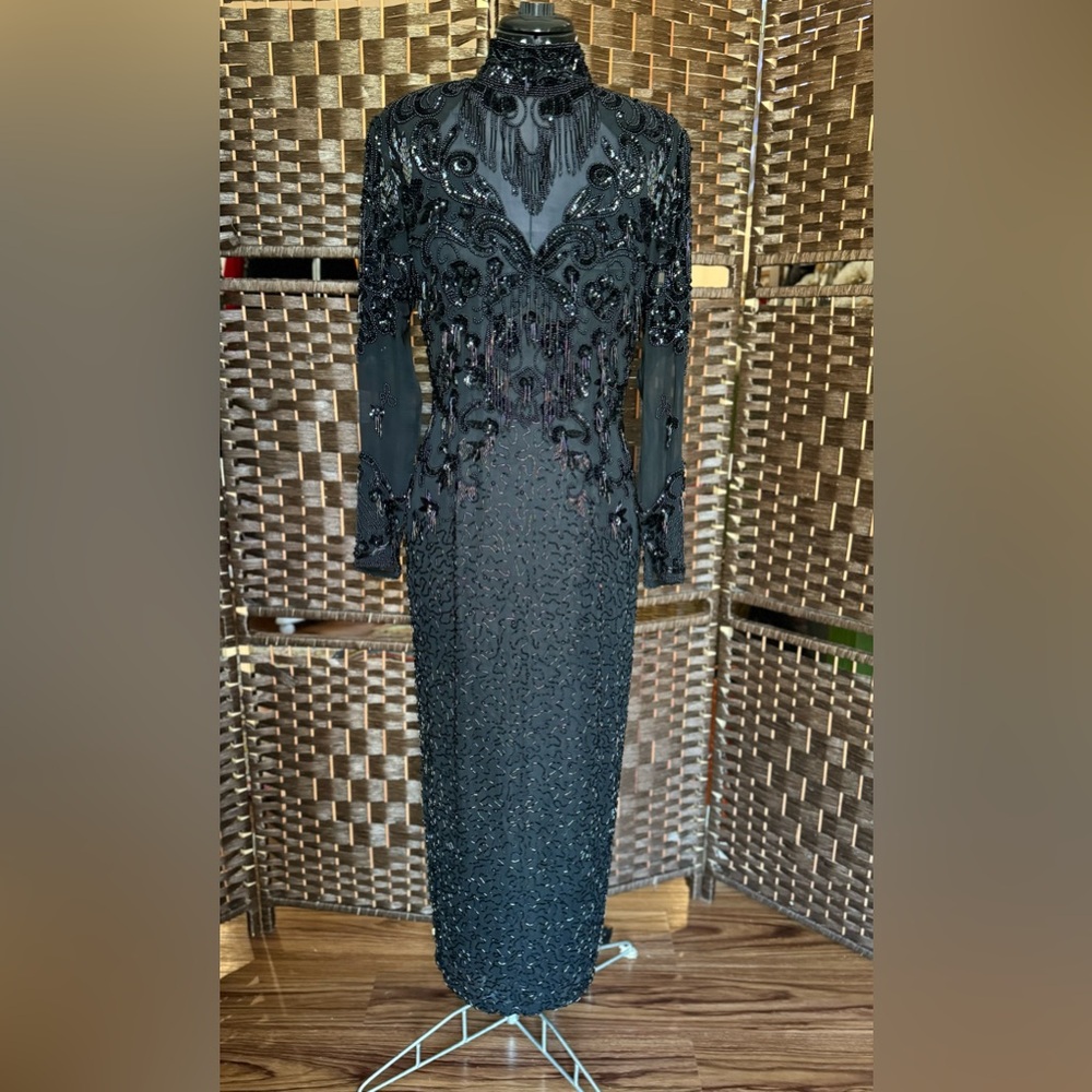 Sz 8 Vintage d’ore By Della Roufogali 100% Silk SEQUiN BEADED MIDI Dress Black